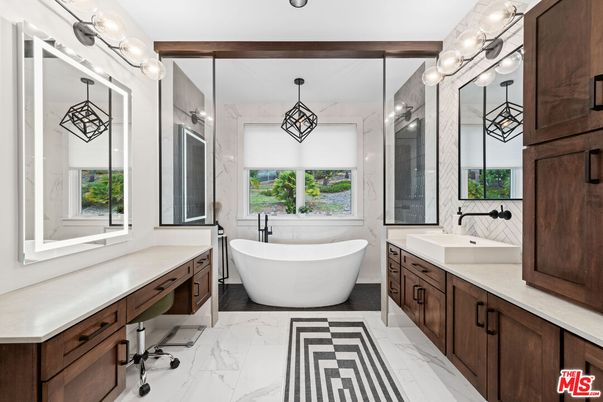 Bathroom, Dual Sink Vanities, Free Standing Baths, Glass Shower, Interior, Marble, Marble Walls, Pendant Lights