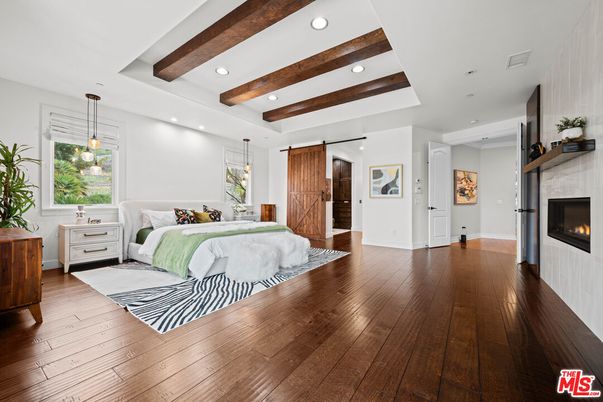 Bedroom, Fireplace, Interior, Pendant Lights, Recessed Lighting, Wooden Beams, Wood Texture Flooring