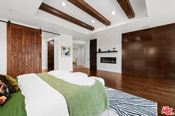 Bedroom, Fireplace, Interior, Recessed Lighting, Wooden Beams, Wood Texture Flooring