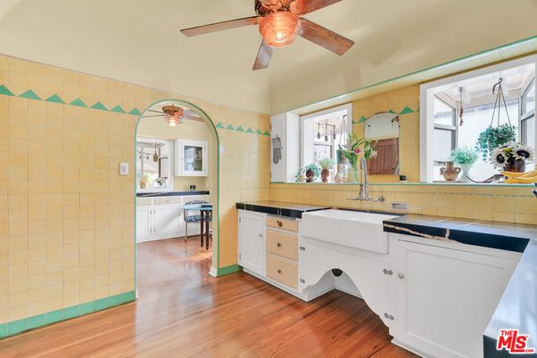 Interior, Kitchen, Tile Countertops, Wood Texture Flooring
