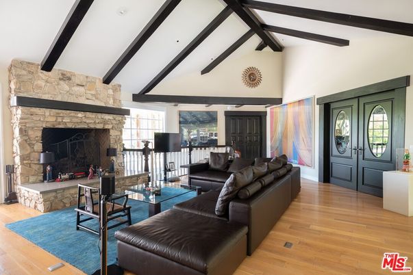 Fireplace, Interior, Living room, Stone Walls, Wooden Beams, Wood Texture Flooring