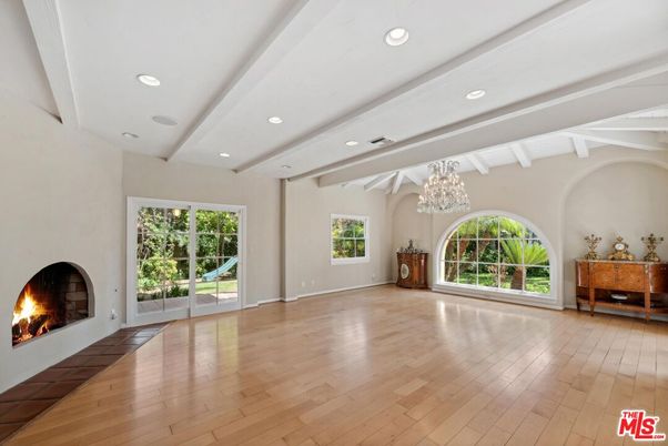 Chandelier, Empty room, Fireplace, Interior, Recessed Lighting, Wood Texture Flooring