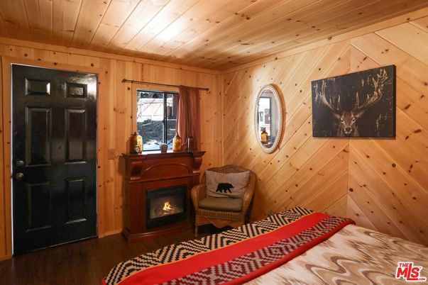 Bedroom, Fireplace, Interior, Wooden Ceilings, Wood Texture Flooring, Wooden Walls