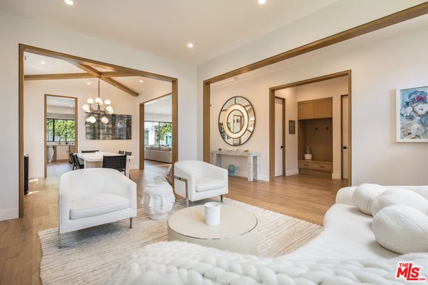Dining room, Interior, Living room, Pendant Lights, Recessed Lighting, Wooden Beams, Wood Texture Flooring