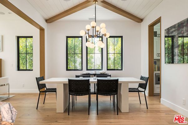 Chandelier, Dining room, Interior, Pendant Lights, Wooden Beams, Wood Texture Flooring