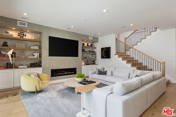 Fireplace, Interior, Living room, Recessed Lighting, Wood Texture Flooring
