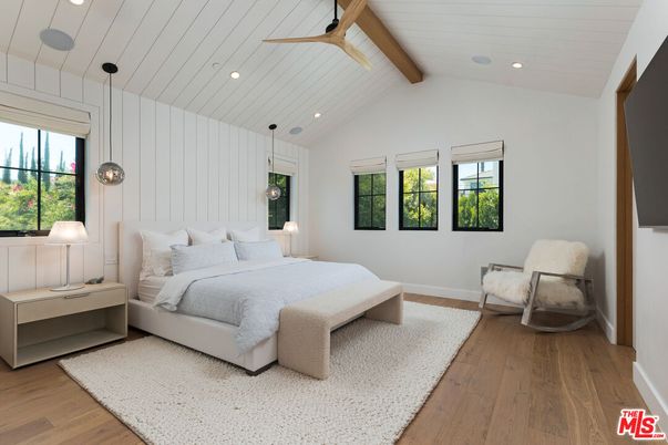 Bedroom, Interior, Pendant Lights, Recessed Lighting, Wooden Beams, Wood Texture Flooring