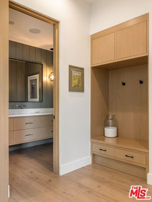 Bathroom, Dual Sink Vanities, Interior, Recessed Lighting, Wood Texture Flooring