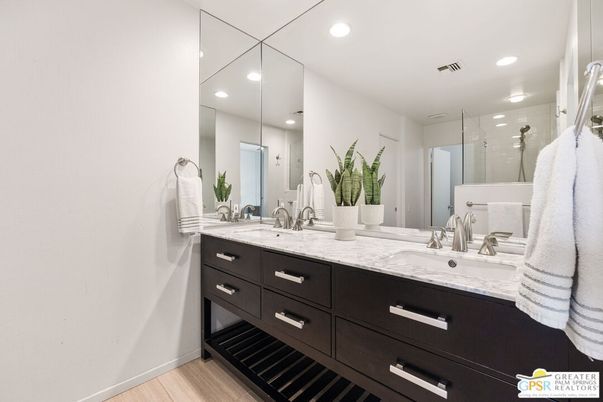 Bathroom, Dual Sink Vanities, Glass Shower, Interior, Recessed Lighting, Wood Texture Flooring