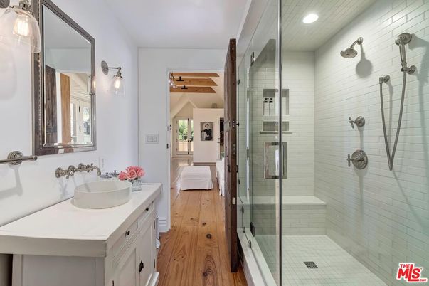 Bathroom, Glass Shower, Interior, Recessed Lighting, Wood Texture Flooring