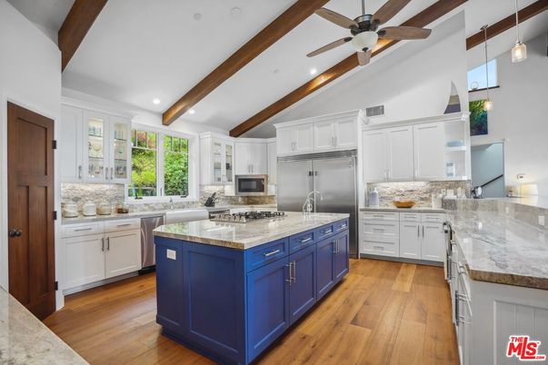Interior, Kitchen, Pendant Lights, Recessed Lighting, Stainless Steel Appliances, Wooden Beams, Wood Texture Flooring