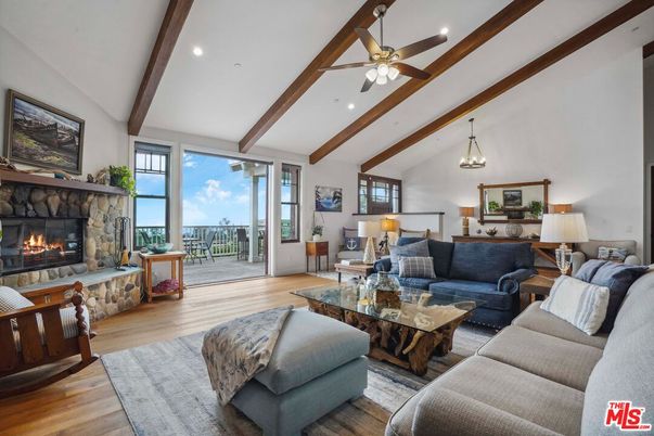 Fireplace, Interior, Living room, Pendant Lights, Recessed Lighting, Wooden Beams, Wood Texture Flooring