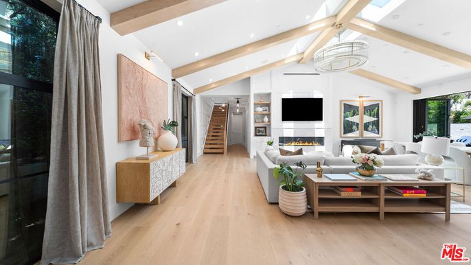 Fireplace, Interior, Living room, Recessed Lighting, Wooden Beams, Wood Texture Flooring