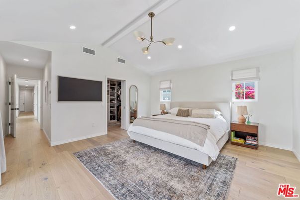 Bedroom, Interior, Pendant Lights, Recessed Lighting, Wood Texture Flooring