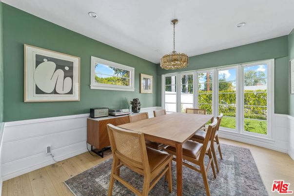 Dining room, Interior, Pendant Lights, Recessed Lighting, Wood Texture Flooring