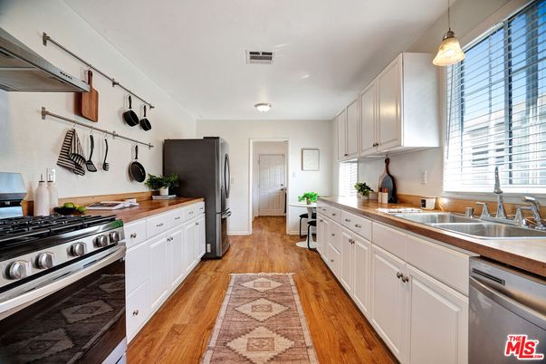 Interior, Kitchen, Pendant Lights, Stainless Steel Appliances, Wood Texture Flooring