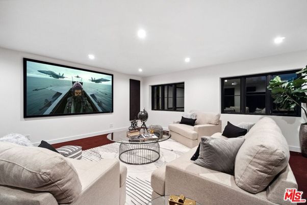 Interior, Living room, Projection Screen, Recessed Lighting, Wood Texture Flooring
