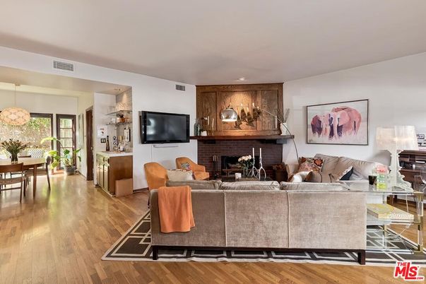 Dining room, Fireplace, Interior, Living room, Pendant Lights, Wood Texture Flooring