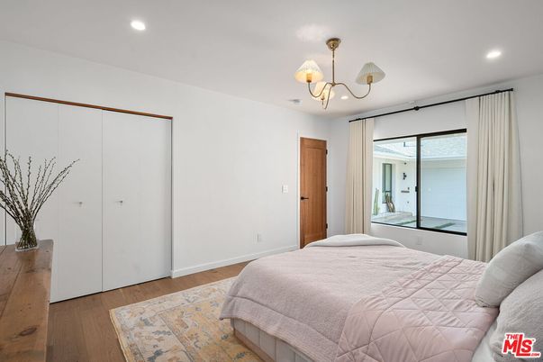 Bedroom, Chandelier, Interior, Recessed Lighting, Wood Texture Flooring