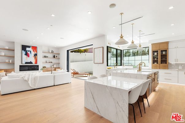 Fireplace, Interior, Kitchen, Living room, Pendant Lights, Recessed Lighting, Wood Texture Flooring