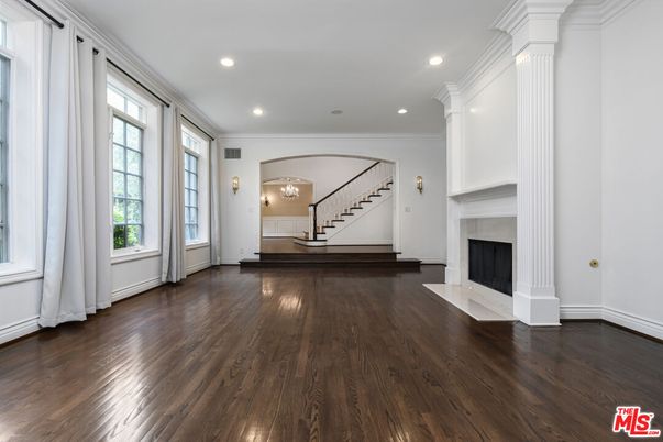 Empty room, Fireplace, Interior, Recessed Lighting, Wood Texture Flooring