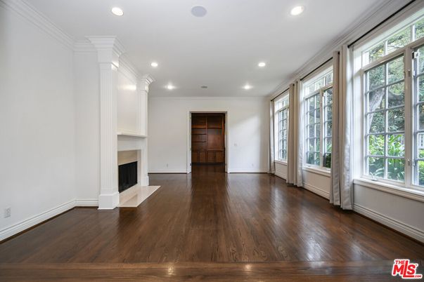 Empty room, Fireplace, Interior, Recessed Lighting, Wood Texture Flooring