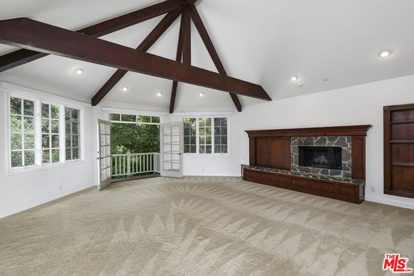 Empty room, Fireplace, Interior, Recessed Lighting, Wooden Beams