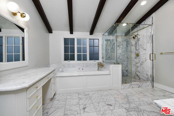 Bathroom, Glass Shower, Interior, Marble, Marble Walls, Recessed Lighting, Wooden Beams