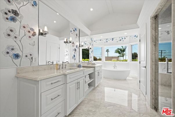 Bathroom, Dual Sink Vanities, Free Standing Baths, Interior, Marble, Pendant Lights, Recessed Lighting