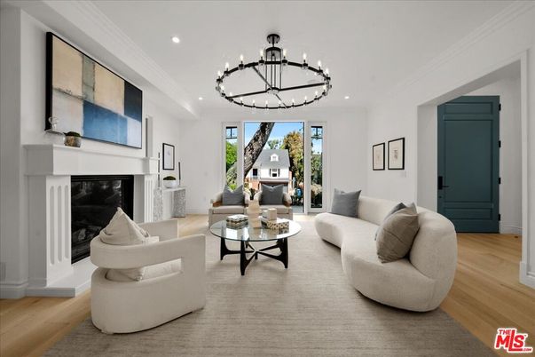 Chandelier, Fireplace, Interior, Living room, Recessed Lighting, Wood Texture Flooring