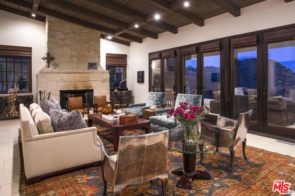Fireplace, Interior, Living room, Recessed Lighting, Stone Walls, Wooden Beams, Wooden Ceilings