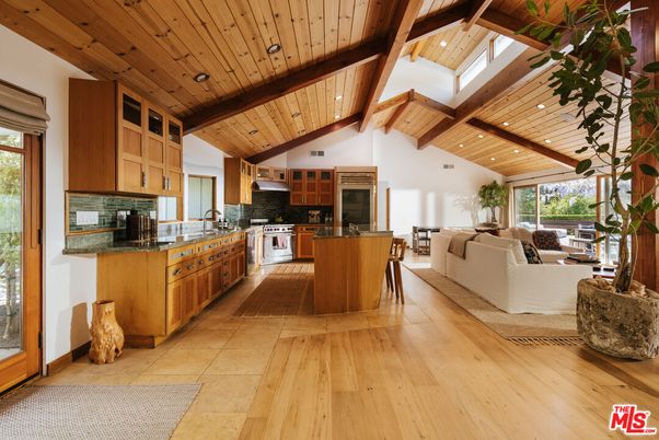 Dining room, Interior, Kitchen, Living room, Recessed Lighting, Stainless Steel Appliances, Wooden Beams, Wooden Ceilings, Wood Texture Flooring