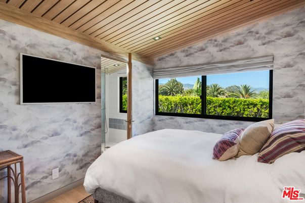 Bedroom, Interior, Marble Walls, Recessed Lighting, Wooden Ceilings, Wood Texture Flooring