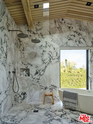 Bathroom, Free Standing Baths, Glass Shower, Interior, Marble, Marble Walls, Wooden Beams, Wooden Ceilings