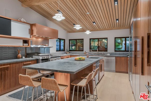 Interior, Kitchen, Pendant Lights, Recessed Lighting, Stainless Steel Appliances, Wooden Ceilings, Wood Texture Flooring