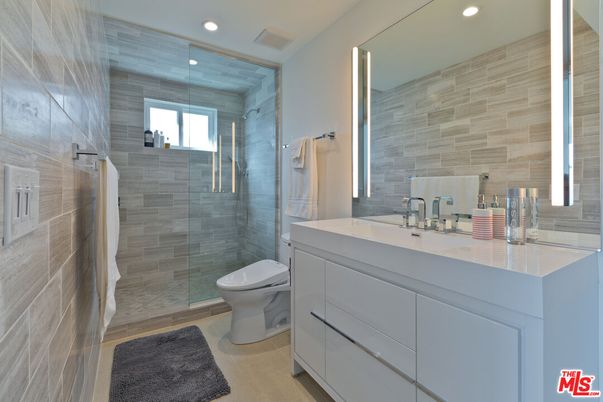 Bathroom, Glass Shower, Interior, Recessed Lighting, Wood Texture Flooring