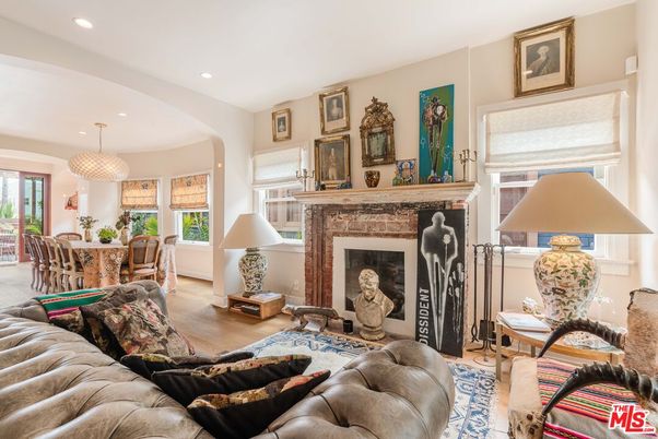 Dining room, Fireplace, Interior, Living room, Pendant Lights, Recessed Lighting, Wood Texture Flooring
