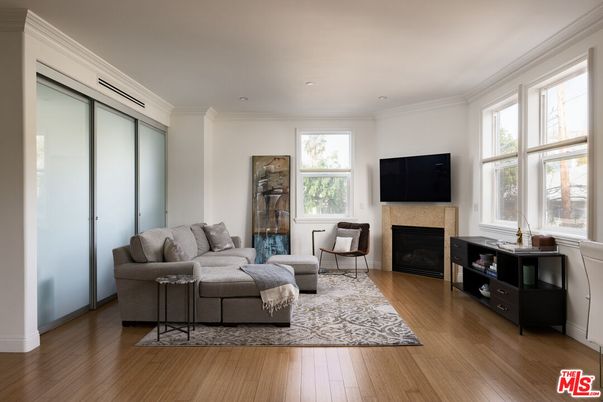 Fireplace, Interior, Living room, Recessed Lighting, Wood Texture Flooring