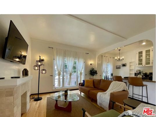 Chandelier, Dining room, Fireplace, Interior, Living room, Wood Texture Flooring