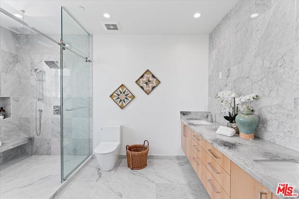 Bathroom, Dual Sink Vanities, Glass Shower, Interior, Marble, Marble Walls, Recessed Lighting