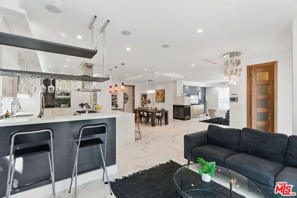 Dining room, Interior, Kitchen, Living room, Marble, Pendant Lights, Recessed Lighting, Stainless Steel Appliances