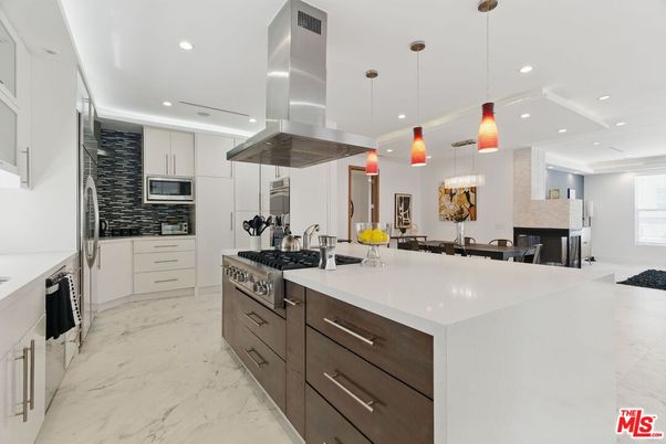Interior, Kitchen, Marble, Pendant Lights, Recessed Lighting, Stainless Steel Appliances