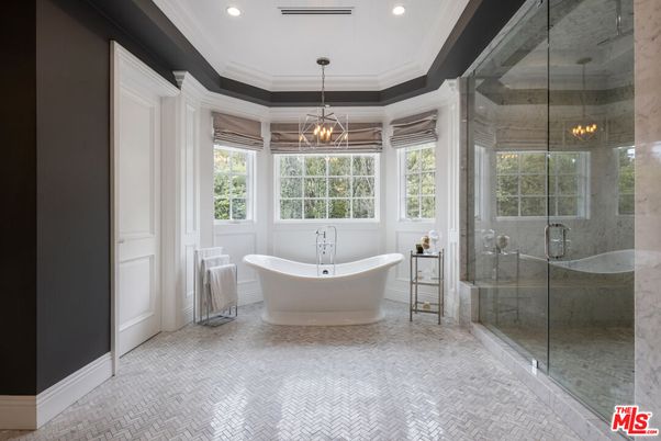 Bathroom, Free Standing Baths, Glass Shower, Interior, Marble Walls, Pendant Lights, Recessed Lighting