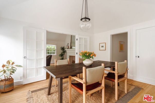 Dining room, Interior, Pendant Lights, Wood Texture Flooring