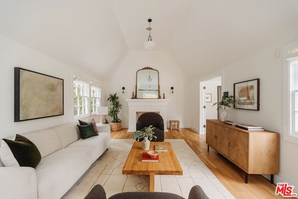 Fireplace, Interior, Living room, Pendant Lights, Wood Texture Flooring