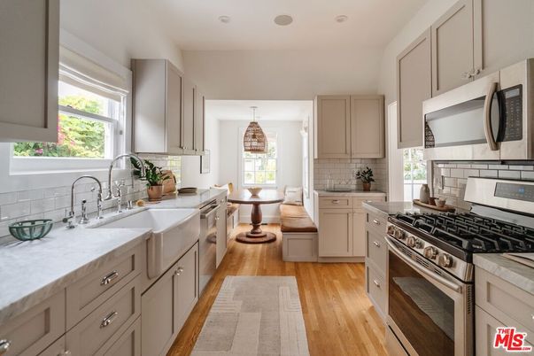 Interior, Kitchen, Pendant Lights, Stainless Steel Appliances, Wood Texture Flooring