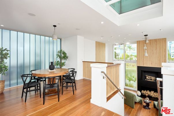 Dining room, Fireplace, Interior, Pendant Lights, Recessed Lighting, Wood Texture Flooring