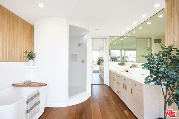 Bathroom, Dual Sink Vanities, Interior, Recessed Lighting, Wood Texture Flooring