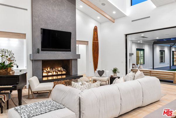 Fireplace, Interior, Living room, Piano, Recessed Lighting, Wooden Beams, Wood Texture Flooring