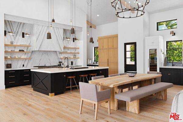 Dining room, Interior, Kitchen, Marble Walls, Pendant Lights, Recessed Lighting, Wood Texture Flooring
